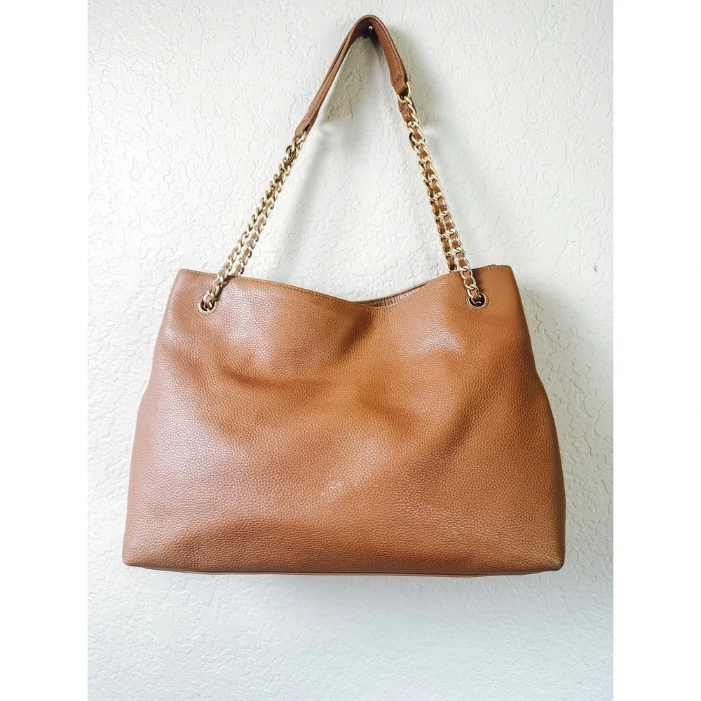 Tory Burch Amanda Large Tote Pebbled Leather Chain Shoulder Bag Camel Tan